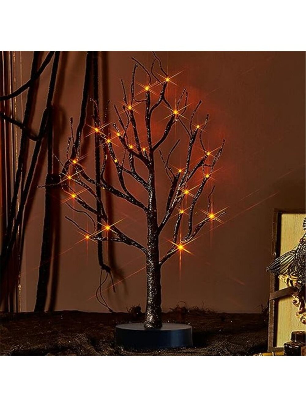 Fudios Black Halloween Tree with Lights 24 LED Orange with Timer, Lighted